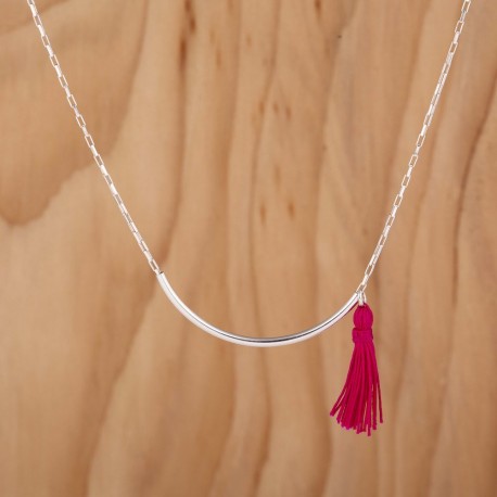 Collier tube chaine en argent pompon fuchsia