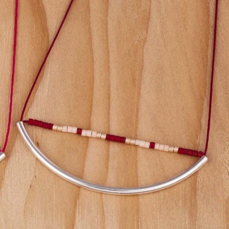 Collier tube en argent et perle Miyuki bordeaux